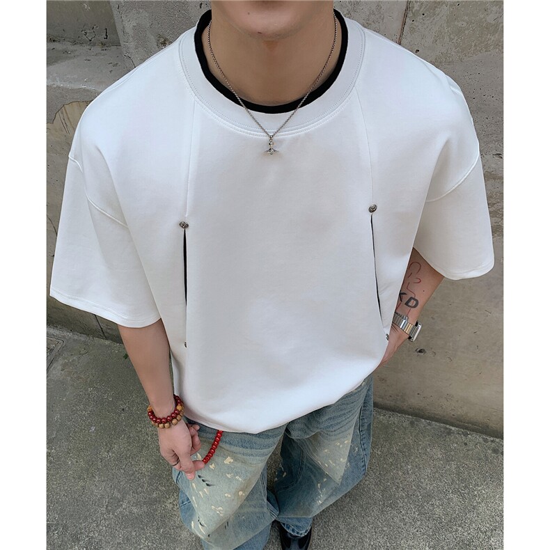 曼巴棉拼接撞色破缝解构铆钉设计感夏季短袖T恤男D424特P30,男装T恤,电商A335-1（原A458）