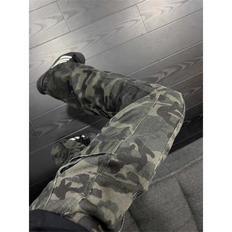 美式迷彩工装裤男生秋季高街cleanfit微喇伞兵裤高级感直筒弯刀裤,男装牛仔裤,星座1008