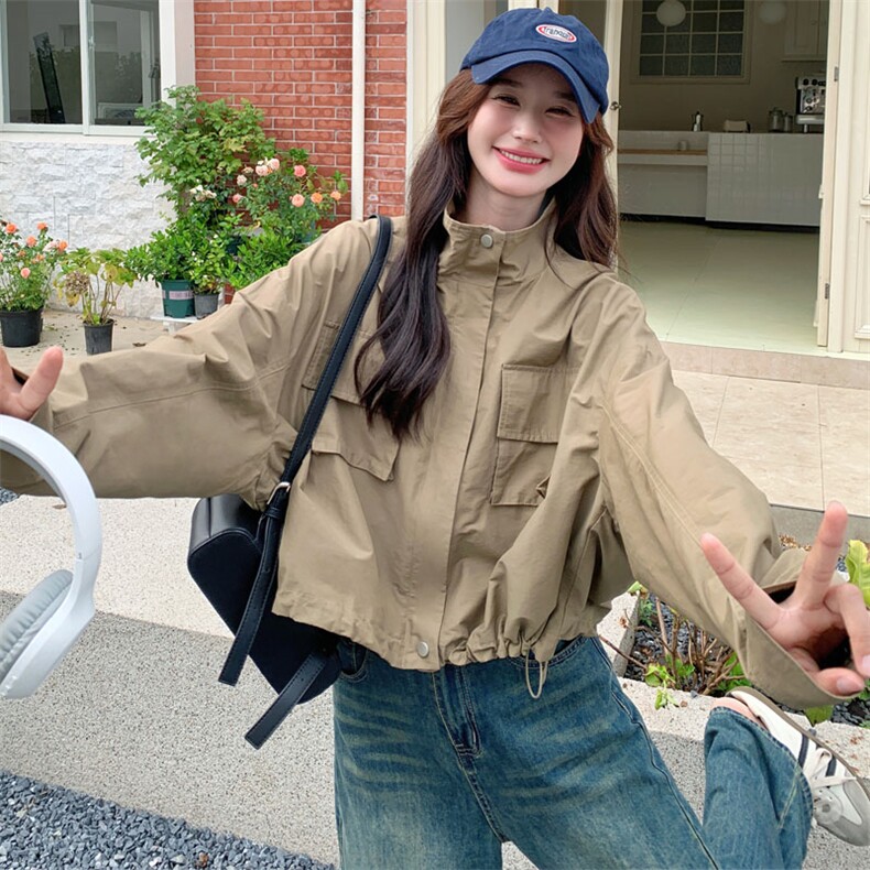 美式复古工装风衣短外套女春秋2025新款慵懒风chic夹克上衣小个子,女装短外套,2D143