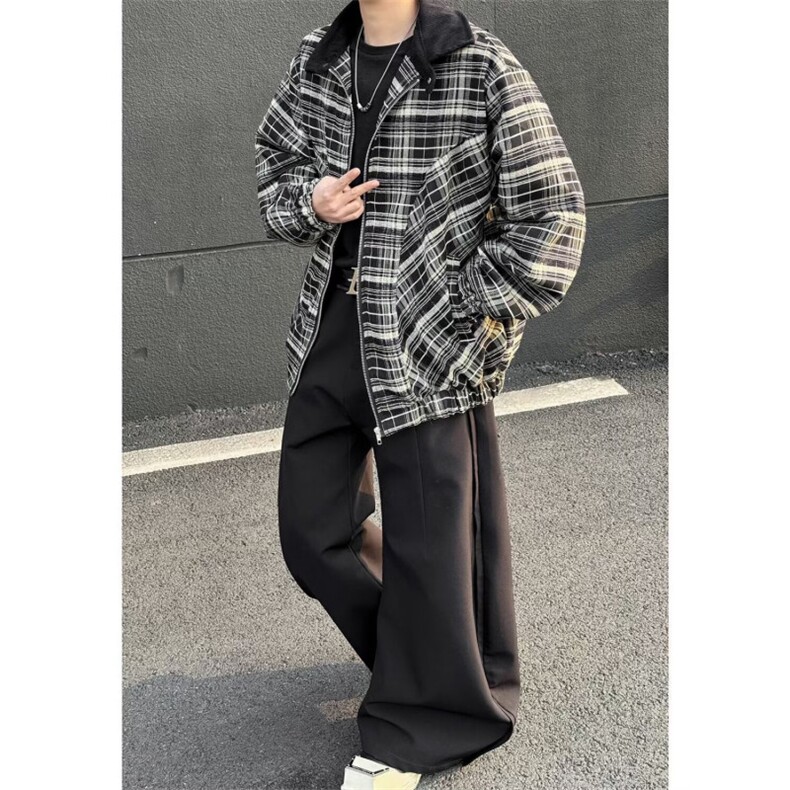 W10429-P65网图现货美式潮流格子休闲长袖穿搭宽松百搭夹克外套,男装夹克,星座1608