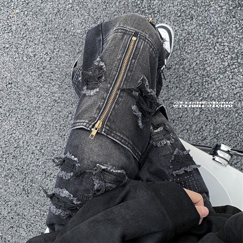 B221美式ins高街小众重工艺拉链直筒小脚牛仔裤LK23017-P65控88,男装牛仔裤,电商B221