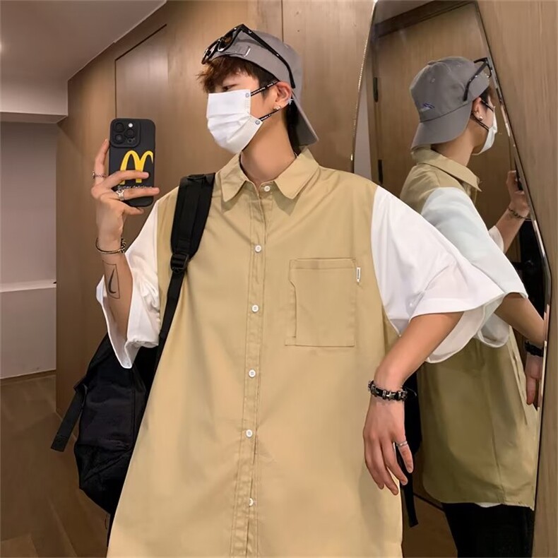 夏季新款衬衫潮流慵懒男方领纯棉袖口假两件衬衫YC311P36,男装衬衫,星座1116-2