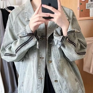 309-P60 美式复古做旧牛仔外套女春秋冬季欧美拉德宽松设计感小众图片