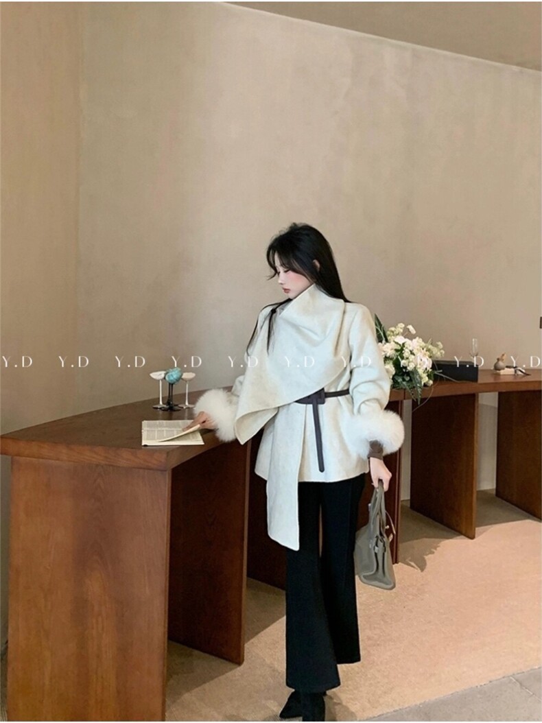 【依嘟】韩系披肩设计感千金狐狸毛高级感不规则羊毛外套(配腰带,女装双面呢大衣,依嘟服饰