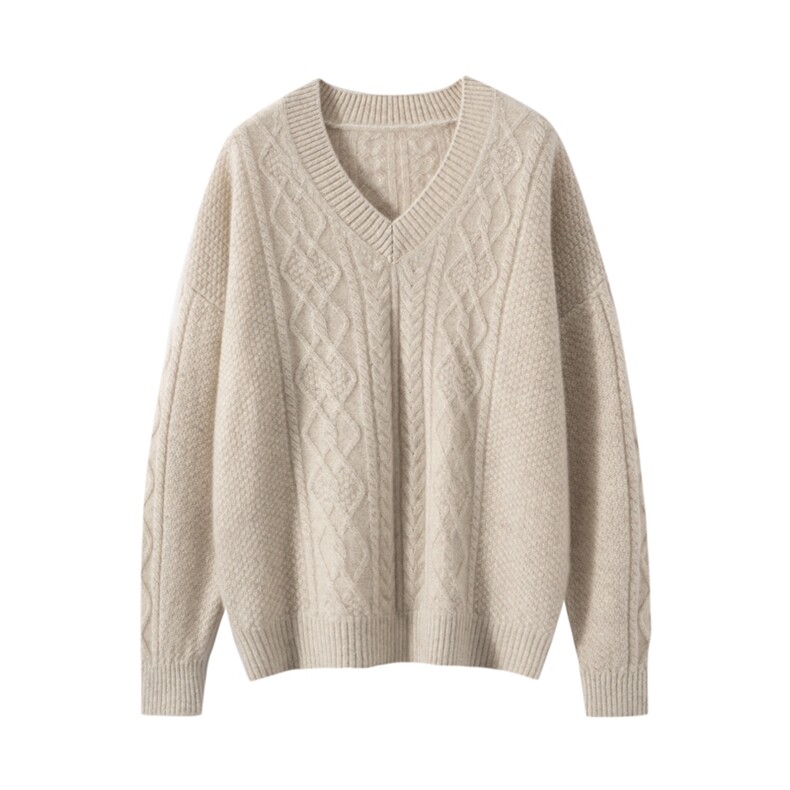 2025秋冬新款羊绒衫女100%纯山羊绒V领加厚扭花针织套衫保暖毛衣，女装羊绒衫，戎美山
