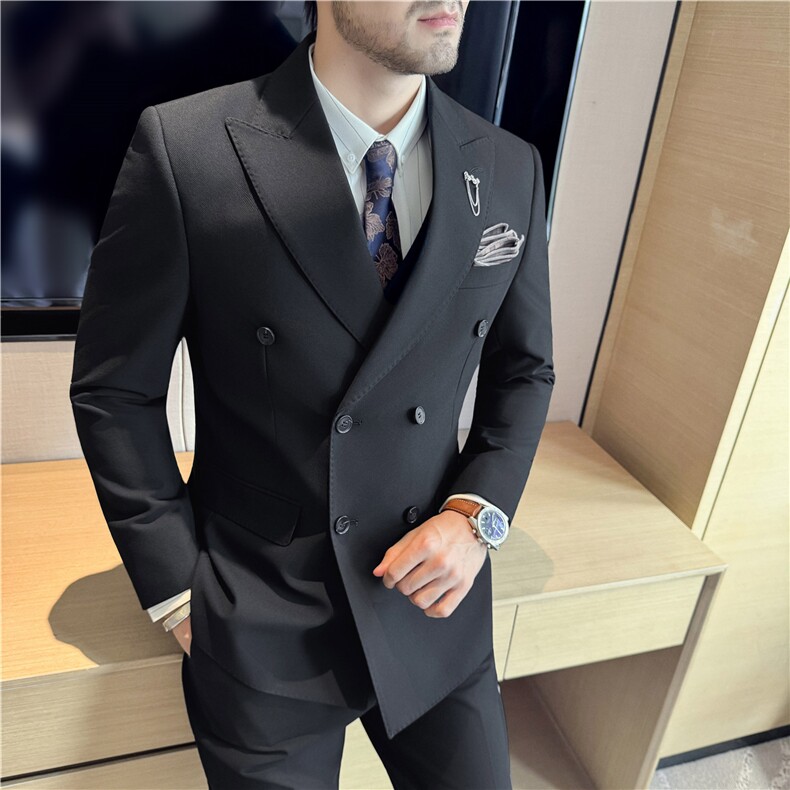 秋冬主推~免烫抗皱色织高档双排扣西装三件套西服男SJT8066-P295,男装西服,电商A213