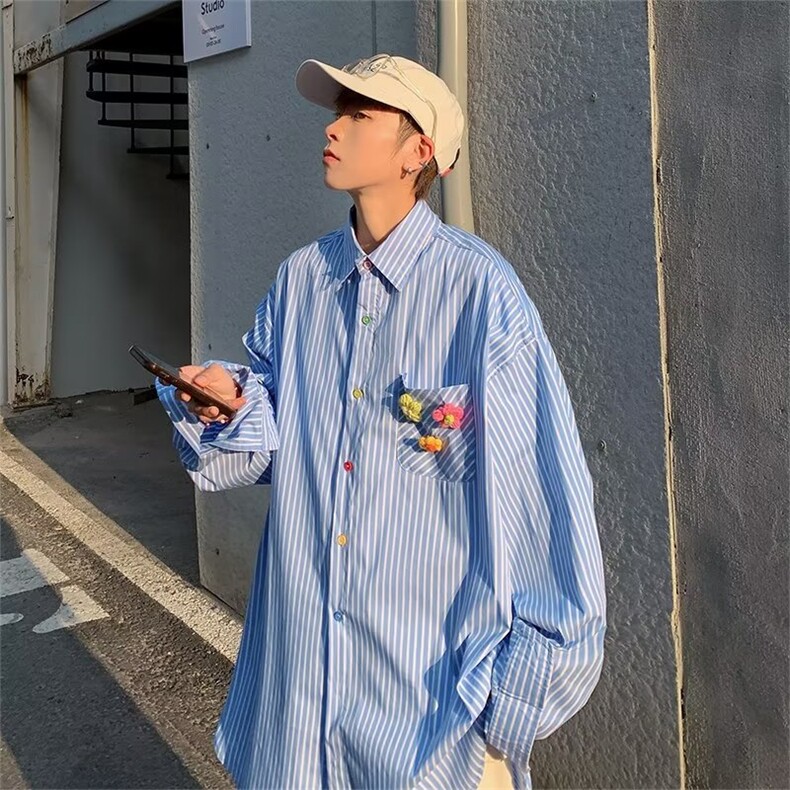 长袖衬衫男港风日系韩版潮流帅气高质量彩色扣子衬衣C2028P40,男装衬衫,星座1116-2