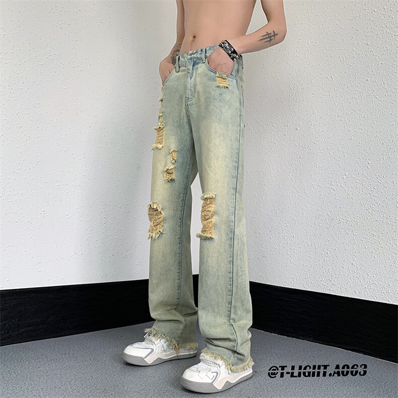 2023夏季美式高街破洞毛边小众弹力牛仔裤货号K723P65,男装牛仔裤,电商A063