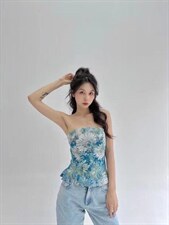 蓝色油画抹胸上衣，抹胸，HE