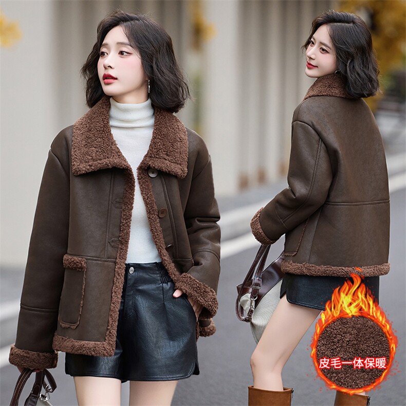 皮毛一体仿羊羔毛外套女短款2024新款秋冬季加绒机车服加厚皮夹克,女装羊羔毛/颗粒绒,潮流依族