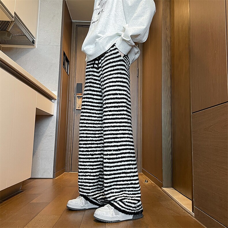 8XL-M慵懒休闲撞色条纹羊毛针织裤宽松保暖舒适直筒长裤K9114P68,男装休闲裤,电商D206-1