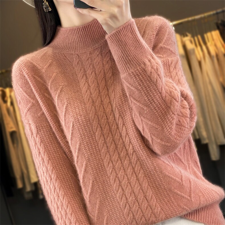 秋冬新款100%纯羊毛衫女半高领扭花加厚毛衣宽松羊绒衫针织打底衫,女装羊毛衫,琳华羊绒