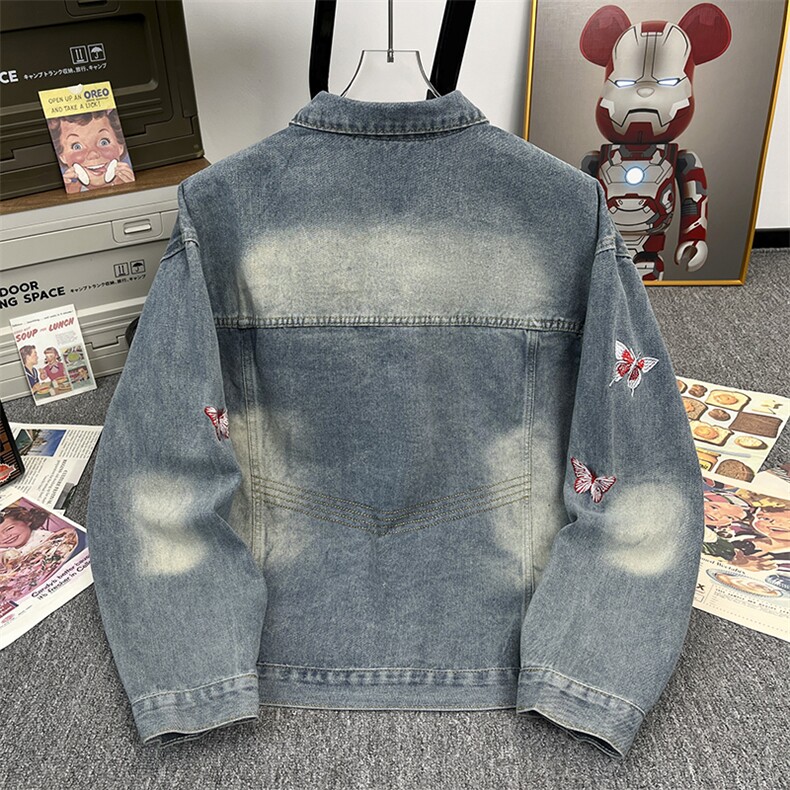 港风秋款男牛仔夹克衫蝴蝶鲜花字母刺绣宽松外套JK8857P82,男装工装外套,星座1013-1