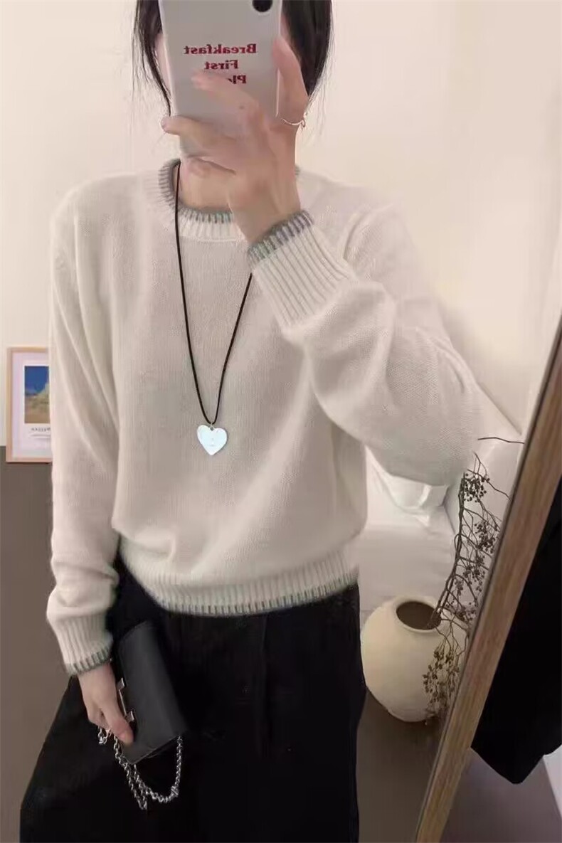 2025羊毛圆领撞色羊毛衫舒适百搭简约秋冬新款保暖软糯，女装羊毛衫，莺澜羊绒