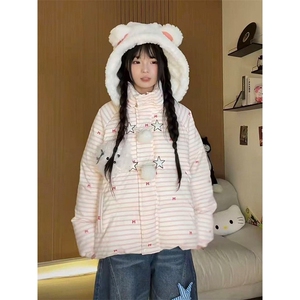 小众不撞款小熊条纹连帽毛毛棉服女保暖百搭宽松学生面包服外套图片