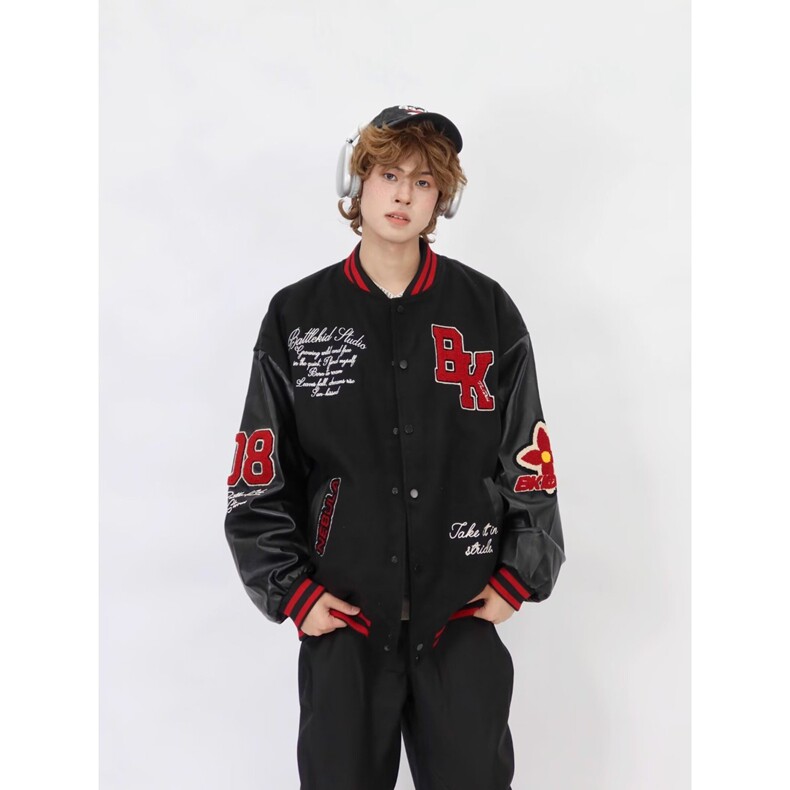 ins气质百搭新款潮流日系简约加厚龙凤尼拼皮棒球服流行文艺时尚，女装职业装，星座218-8