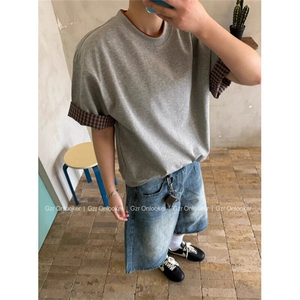 夏季纯棉撞色格子翻边设计短袖男女同款文艺时尚休闲T恤上衣 T011图片