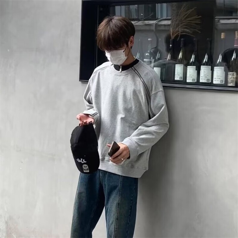 美式双拉链拼接卫衣男高街休闲圆领落肩袖设计感外套TA162-P40,女装短外套,星座208-5