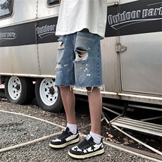 夏季大码宽松泼墨油画毛边时尚破洞短款短裤牛仔裤男高街得物，男装牛仔裤，星座301D-4(原星座1004-4）