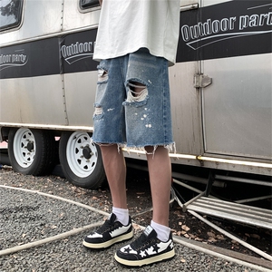 夏季大码宽松泼墨油画毛边时尚破洞短款短裤牛仔裤男高街得物图片