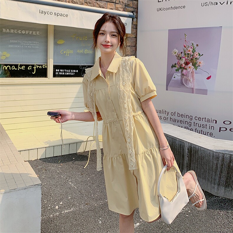 黄色蕾丝披肩法式连衣裙女2025夏季新款韩系收腰减龄小个子衬衫裙,女装连衣裙,浙宝220A