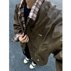 现货自家图放心上美式复古皮衣外套男拼接棒球服807-3-JK81-P90，男装皮衣，星座807-3
