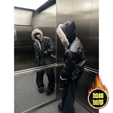 现货冬季美式潮牌痞帅PU皮机车服棉衣毛毛绒狼王座山雕皮棉服，男装棉衣，电商A443