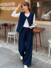 韩系蓝色小香风牛仔套装女2025春季新款时尚休闲马甲阔腿裤两件套，女装套装/套裙，浙宝305