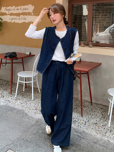 韩系蓝色小香风牛仔套装女2025春季新款时尚休闲马甲阔腿裤两件套图片