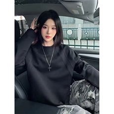 抖音得物品质26春装美式高街宽松曼巴棉螺纹拼接卫衣圆领长袖T恤，男装T恤，电商A443