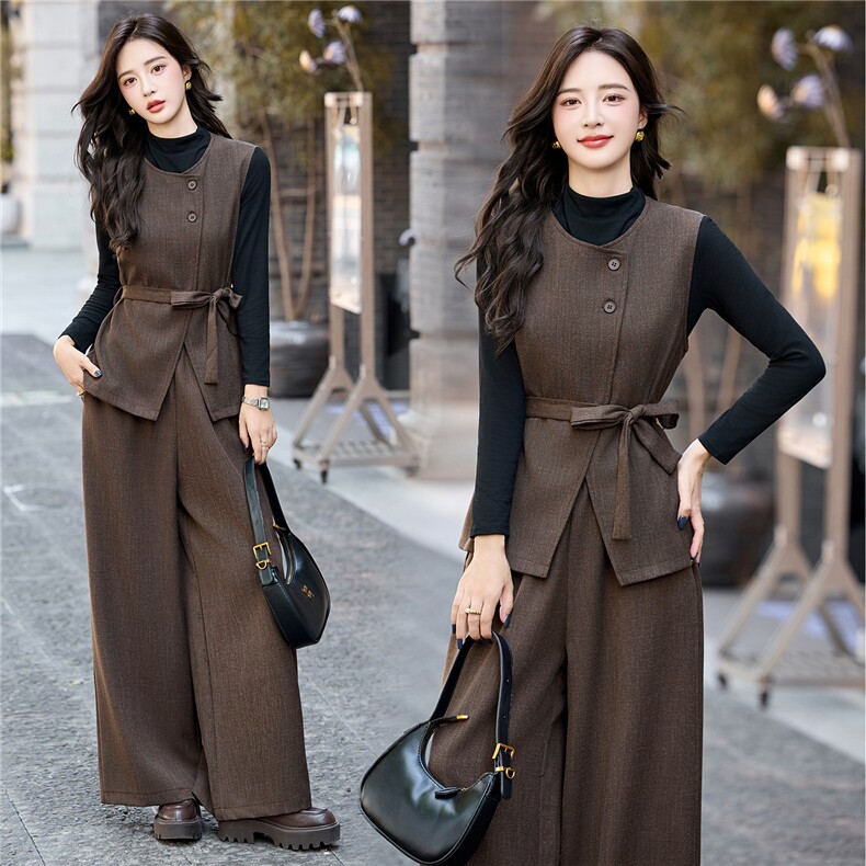 小香风套装2025新款秋装穿搭洋气打底衫系带马甲阔腿裤三件套套装，女装套装/套裙，流量+