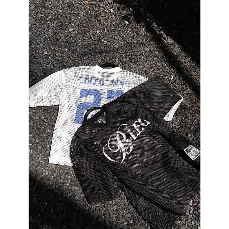 美式网眼字母印花V领短袖t恤女夏季镂空短款球衣宽松罩衫男女上衣，男装T恤，星座506A