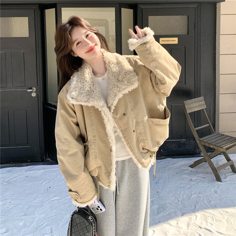 韩系羊羔毛外套女秋冬皮毛一体毛领保暖加厚立领派克服毛绒外套,女装棉衣/棉服,维壹