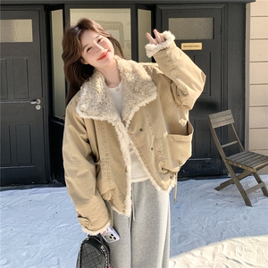 韩系羊羔毛外套女秋冬皮毛一体毛领保暖加厚立领派克服毛绒外套图片