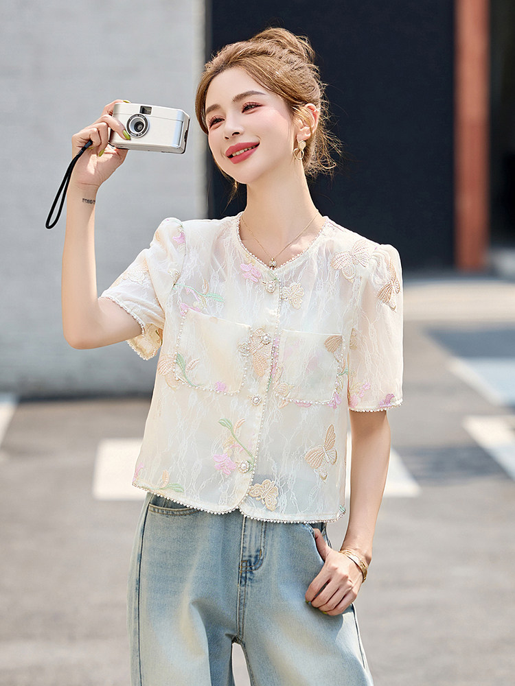 新中式刺绣短袖外套女2025夏季新款独特超好看小香风提花防晒上衣,女装短外套,伊仟回