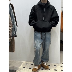 抖音得物高品质二开 26春装重磅宽松结构拉链设计高领连帽卫衣W76图片