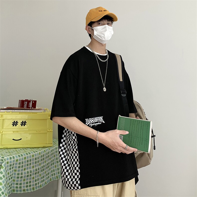 新款港风短袖T恤字母印华棋盘格拼接宽松ns潮牌上衣TC3109-P28,男装T恤,星座717