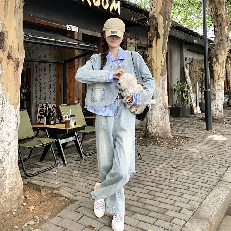 条纹拼接牛仔套装女春秋2025新款流行盐系炸街小众阔腿长款两件套图片