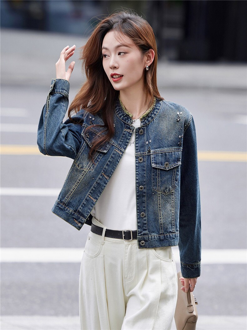 牛仔外套女短款2025年春秋新款妈妈时尚设计感宽松休闲复古夹克,女装短外套,靓衣阁