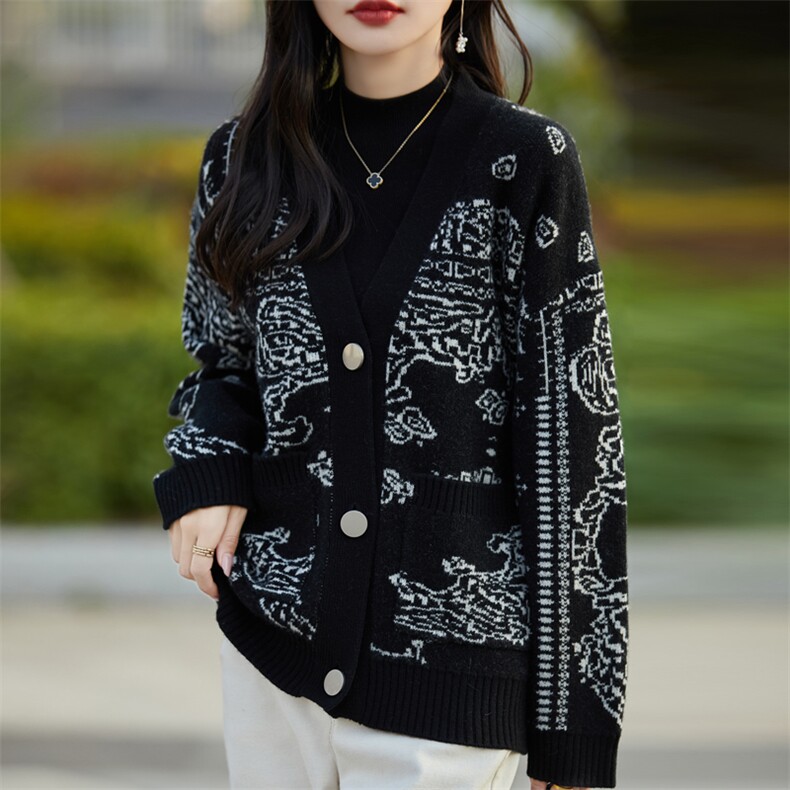 秋冬款V领提花休闲羊毛开衫女拼色宽松长袖显瘦百搭针织外套上衣图片