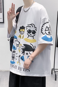 夏季圆领短袖T恤2024新款港风时尚印花半袖男女 1622-P38 控价58图片
