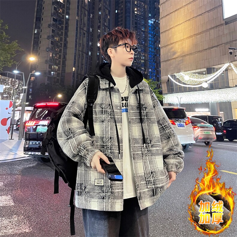 加绒加厚外套男士秋冬季可脱卸帽格子夹克男款保暖衣服V206-P110,男装夹克,星座509