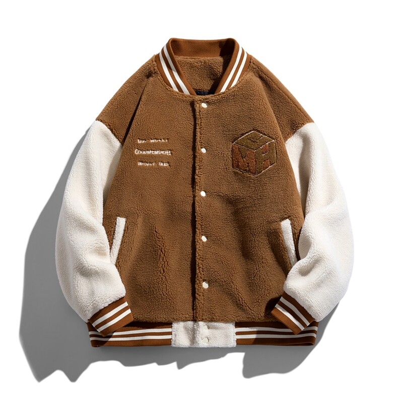棒球领羊羔绒纽扣加绒棉衣宽松棒球服情侣保暖羊羔绒外穿加绒夹克,男装棉衣,电商A409-1