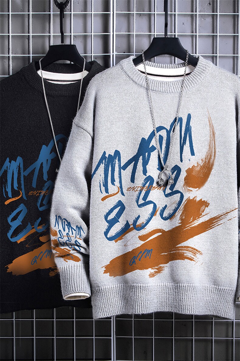 1日系圆领宽松中性情侣潮流大码M-5XL印花毛衣男7922P55加绒P70,男装针织衫/毛衣,星座226-2