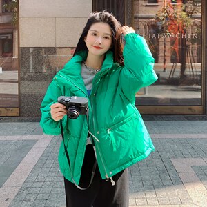 韩版宽松BV绿立领加厚绿色羽绒服女2022冬季新款短款外套90白鸭绒图片