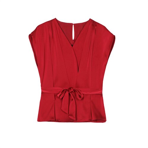 纯色蝴蝶结收腰小衫V领2025夏季淑女装甜美短袖修身显瘦衬衫上衣，女装T恤，火爆靓佳人