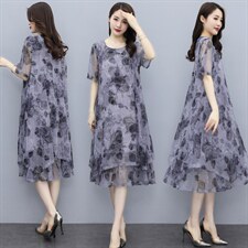 大花圆领高腰套头A字裙短袖中长款连衣裙2021夏季，商品下架区，华秀衣