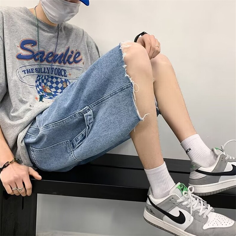 夏季薄款毛边牛仔短裤男潮牌ins港风宽松百搭5分潮流休闲五分裤子图片