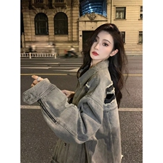 现货美式高街设计感水洗破洞牛仔外套男女春季做旧工装潮vibe夹克，男装工装外套，星座302B-3
