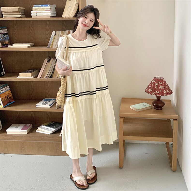 慵懒风休闲条纹拼接连衣裙女2025夏季新款韩系减龄度假木耳边长裙,女装连衣裙,2C012